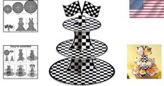 Racing Car 3 Tier Cupcake Stand Black White Checkered Dessert Display Tower