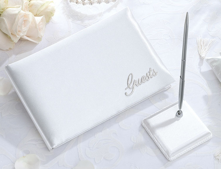 White Satin Guest Book and Pen Set, Wedding or any event Guest signatures