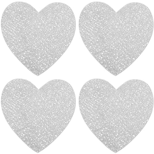 Valentine’s Day Love Heart Placemats Set of 4, 15″ Non Slip Love Heart Silver