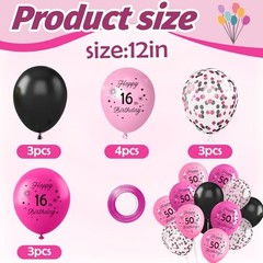 Birthday Pink and Black Balloons,12 Inch Hot Pink, Light Pink, 21st Rose Black
