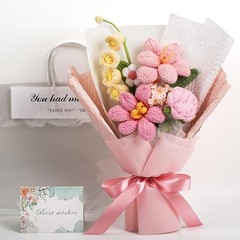 Crochet Flower Bouquet – Hand-Knitted Tulip Faux Flowers with Gift Bag & Pink
