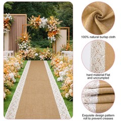 Burlap Wedding Aisle Runner 15 Ft x 36 in Natural Jute with Lace – Rustic