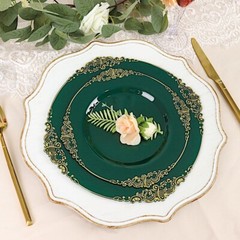 10 HUNTER GREEN GOLD 8″ Round Plastic Salad Dinner PLATES Embossed Baroque Rim