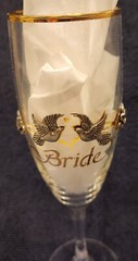 Rawcliffe Bride & Groom Champagne Flutes Pewter Doves Flowers Ribbons Gold