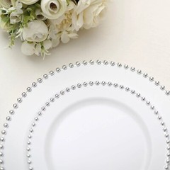 WHITE SILVER 10 Round 10″ Plastic Salad PLATES Beaded Rim Party Events