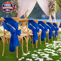 10 Pcs Royal Blue Satin Chair Sashes Bows Universal Chair Cover for Wedding Rec