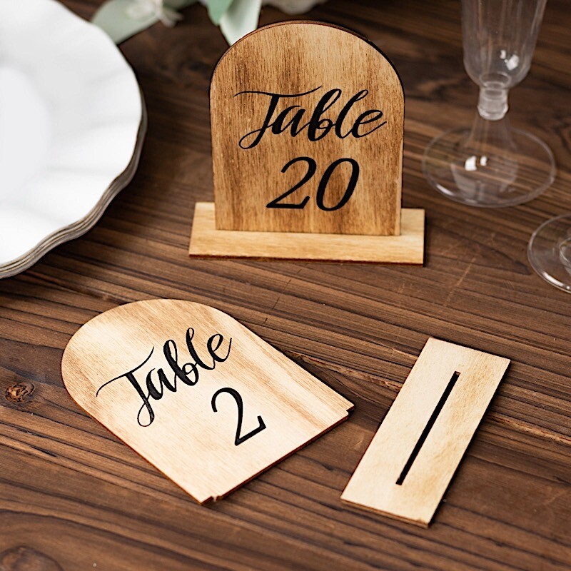 NATURAL 20 Rustic 4.5″ Wooden Arch TABLE NUMBERS 1-20 Set Removable Base Party