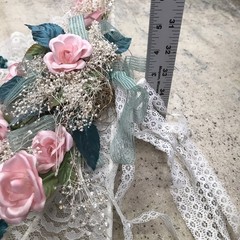 Vintage Shabby Chic Heart Wedding Bouquet Lace Green Ribbon & Pink Roses Wrist