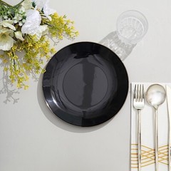 BLACK 10 Glossy 8″ Round Plastic Salad PLATES Gold Rim Party Events Decorations