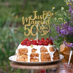Just Married 50 Years Ago Cake Topper, 50th 5.9″ x 4.8″, Gold Glitter