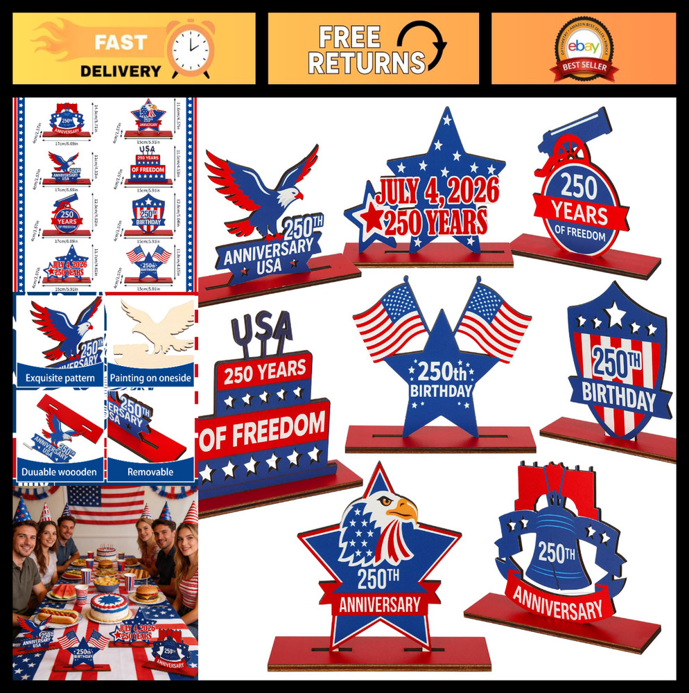 8 Pack 250th Anniversary Patriotic Table Centerpiece – 4th of July Decor, Red Wh