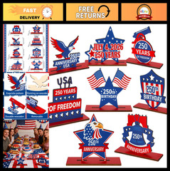 8 Pack 250th Anniversary Patriotic Table Centerpiece – 4th of July Decor, Red Wh
