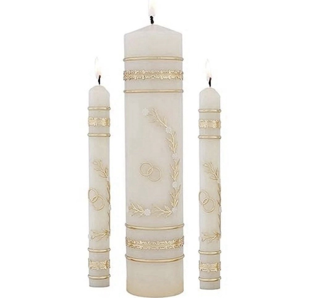 Will & Baumer Wedding Unity Candle Set Flowers Rings Gold Leaf 3 Pc