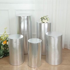 5 SILVER Fitted Metallic Spandex Cylinder Display STAND COVER Set Party Events