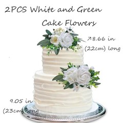2Pcs Cake Topper Set, Artificial Flowers Decor White Green Cake White & Green