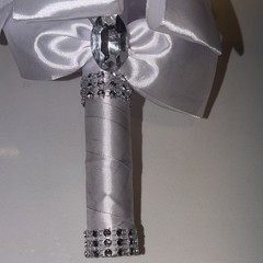 Artificial White Rose Wedding Bouquet 9in w/ Satin Ribbon Handle & Rhinestones