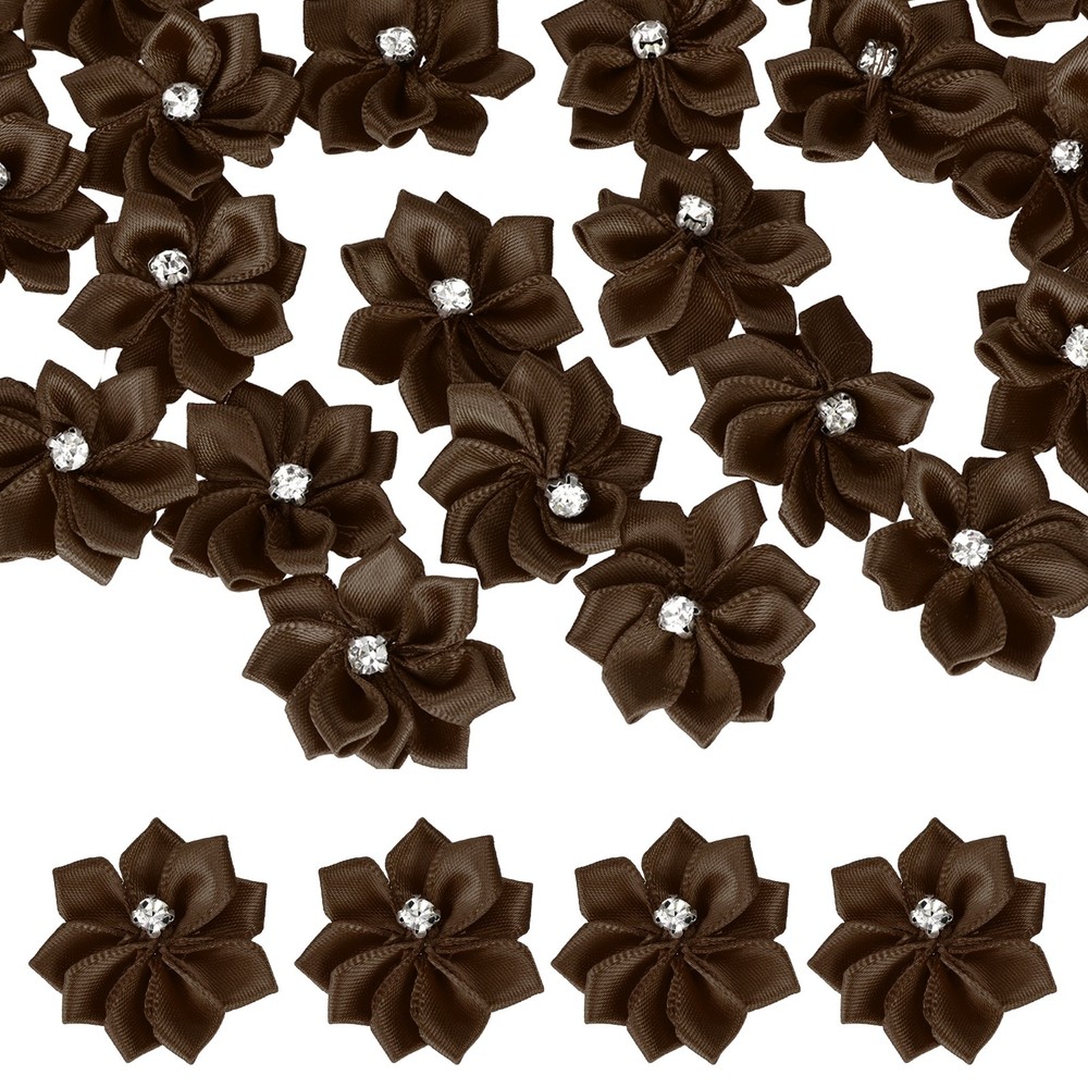 100 Pcs Ribbon Flowers, 1.2 in Fabric Flowers with Rhinestones, Dark Brown