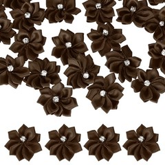 100 Pcs Ribbon Flowers, 1.2 in Fabric Flowers with Rhinestones, Dark Brown