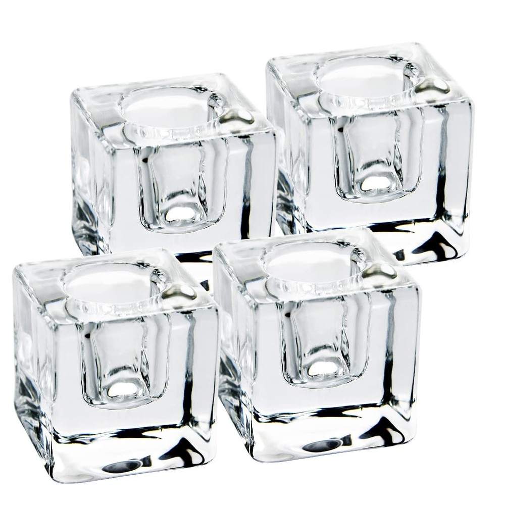 Aglary 4PCS Square Glass Taper Candle Holders for Table Transparent 4pcs