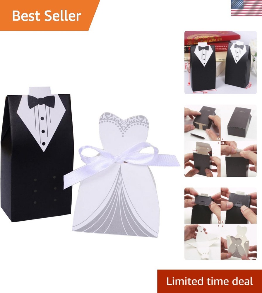 Elegant 100 Pack Wedding Favor Boxes – Tuxedo & Dress Design, White & Black