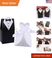 Elegant 100 Pack Wedding Favor Boxes – Tuxedo & Dress Design, White & Black