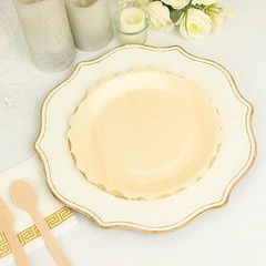 12 Round 9″ Natural Birch Wood Dinner Plates Scalloped Rim Party Events Supplies