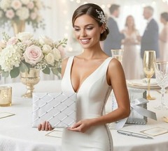 Luxury Rhinestone White Satin Wedding Guest Book and Pen Set