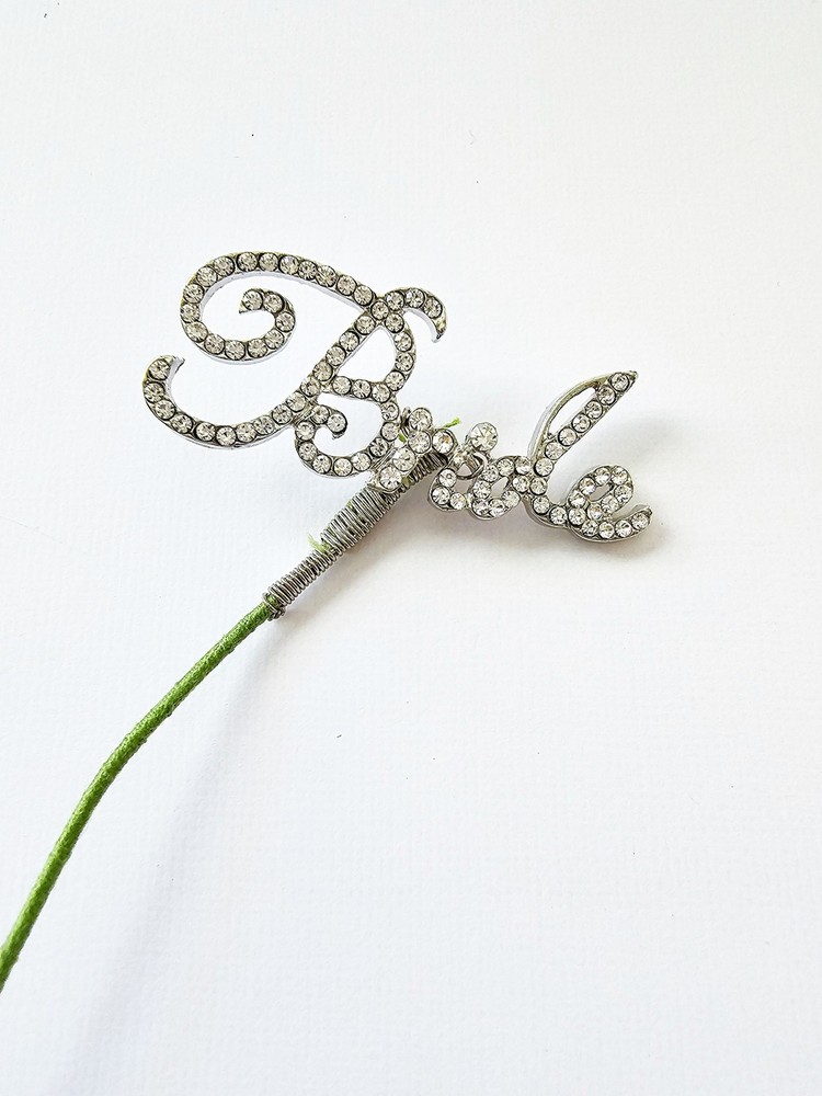 Crystal Cursive BRIDE FLoral Pick Bouquet Pick Silver Plated