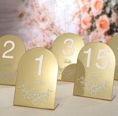 Gold Mirror Arch Wedding Table Numbers with Stands 1-15, 5×7 Acrylic Display