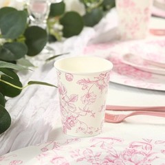 24 WHITE PINK 9 oz Disposable PAPER CUPS French Toile Pattern Party Supplies