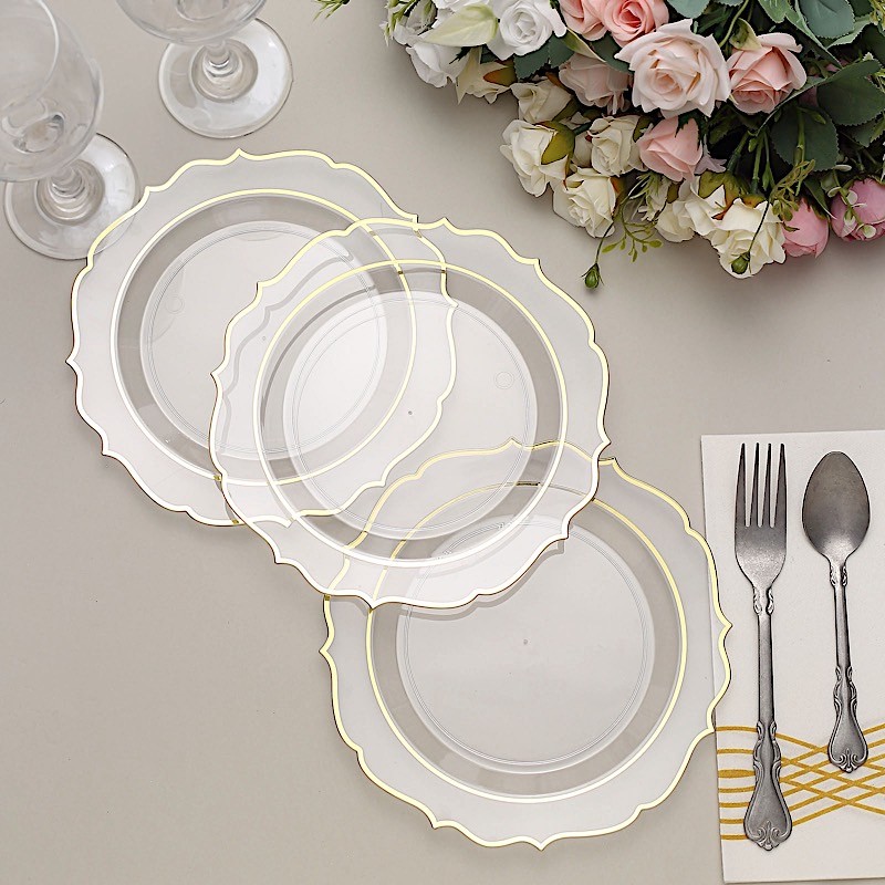 20 CLEAR 8″ Round Plastic Dinner Plates GOLD Scalloped Rim Events Wedding