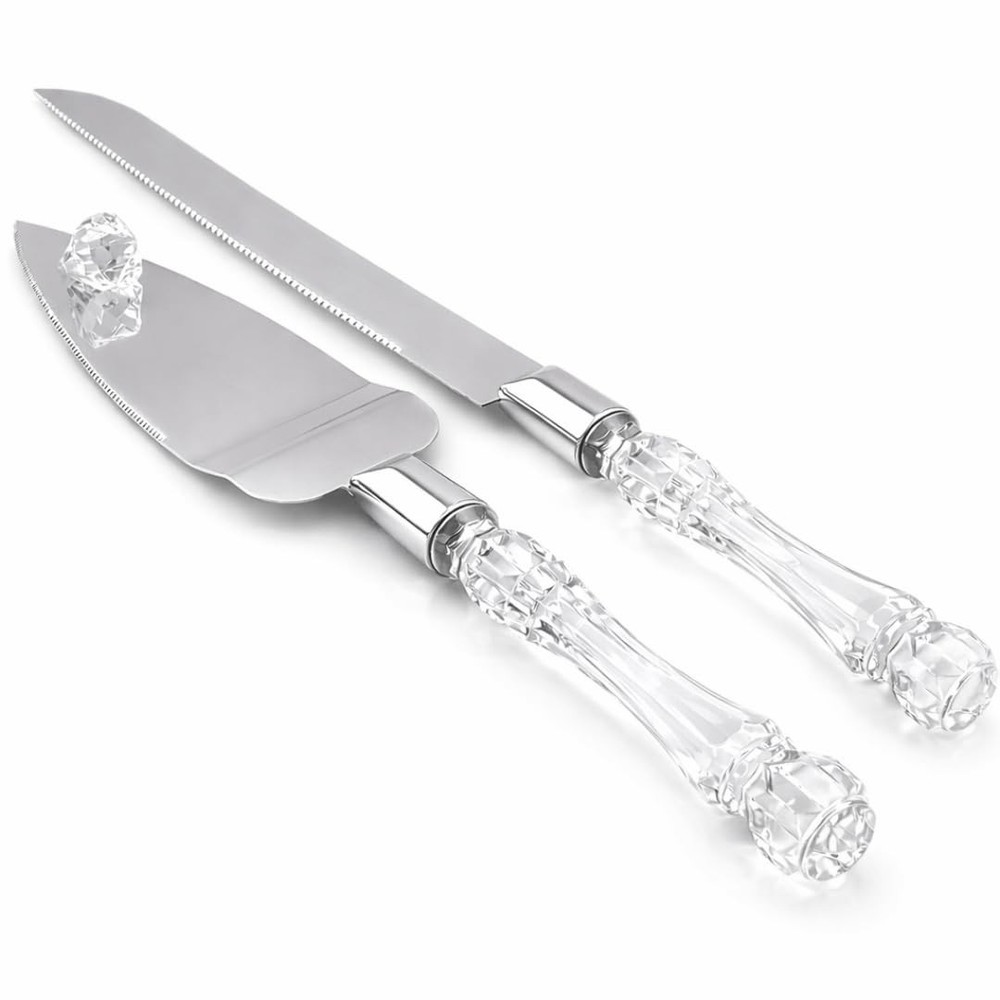 Elegant Cake Knife and Server Set, Stainless Steel, Crystal Handle, Silver
