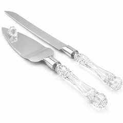 Elegant Cake Knife and Server Set, Stainless Steel, Crystal Handle, Silver
