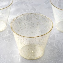 9 oz Plastic Gold Glittered Clear Wine Cocktail GLASSES Tableware Party Wedding