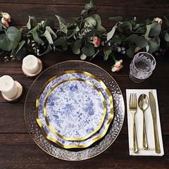 25 Round 10″ BLUE Paper Salad Plates Gold Wavy Rim Party Tableware Decorations
