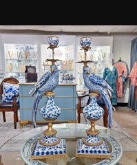 Antique Style Parrot Porcelain & Bronze Candlesticks-Candle Holders Pair-19»H