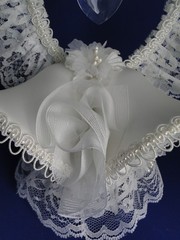 New Vintage Double White Satin Bells Cake topper with elegant Lace #423