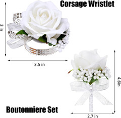 2Pcs White Rose Corsage and Boutonniere Set, Corsage Wristlet Band for Prom Deco