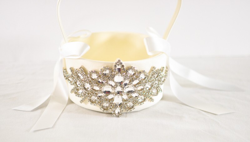 flower girl basket for wedding white shiny glass bling on side