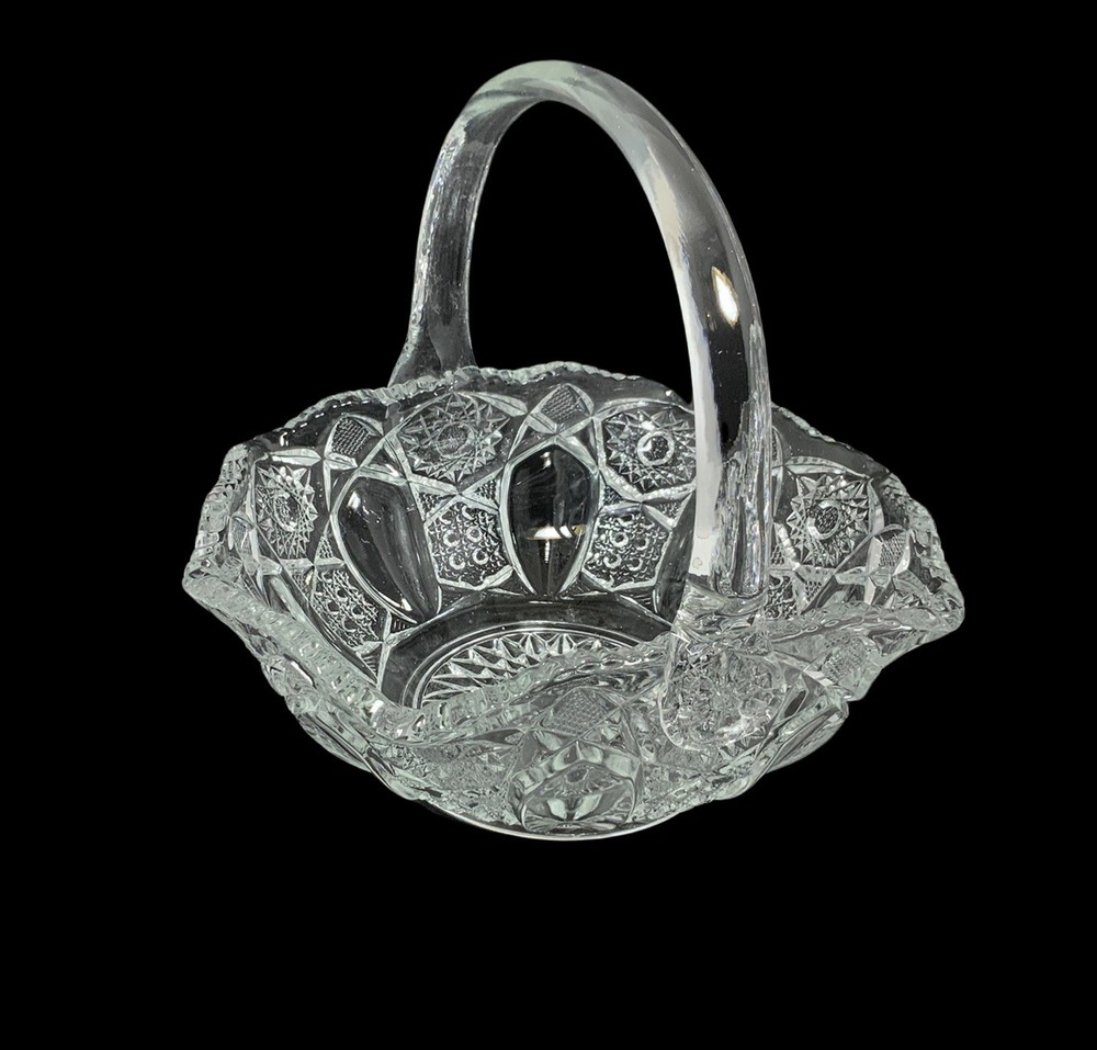 VINTAGE LE SMITH CRYSTAL BASKET RUFFLED FRUIT BOWL EASTER HOBSTAR PARTY 8” H L E