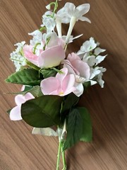 Handmade Vintage 1990s Pink, Mauve, White, Plum Wedding Bouquet w/ Boutonnieres