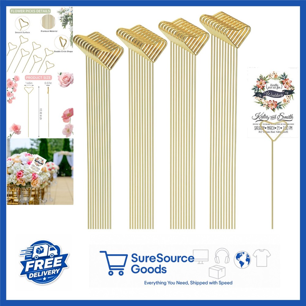 Floral Card Holder Picks 40 Gold Heart-Shaped Sticks for Centerpieces and Photos