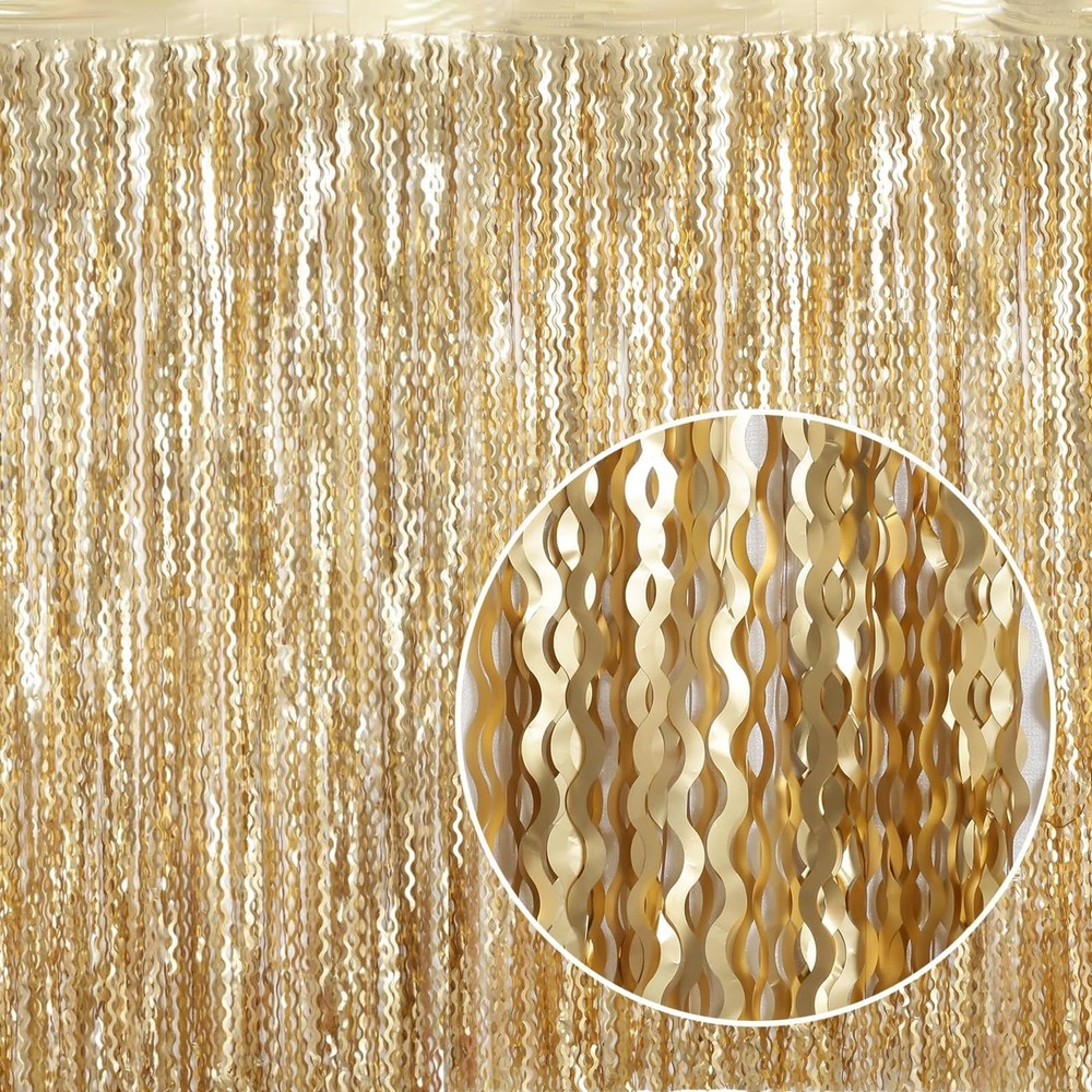 4 Pack Wavy Champagne Gold Metallic Tinsel Foil Fringe Curtains Backdrop – 3….