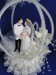 New Vintage Wedding Bliss Bride & Groom Wedding Cake Top, white coat # 424
