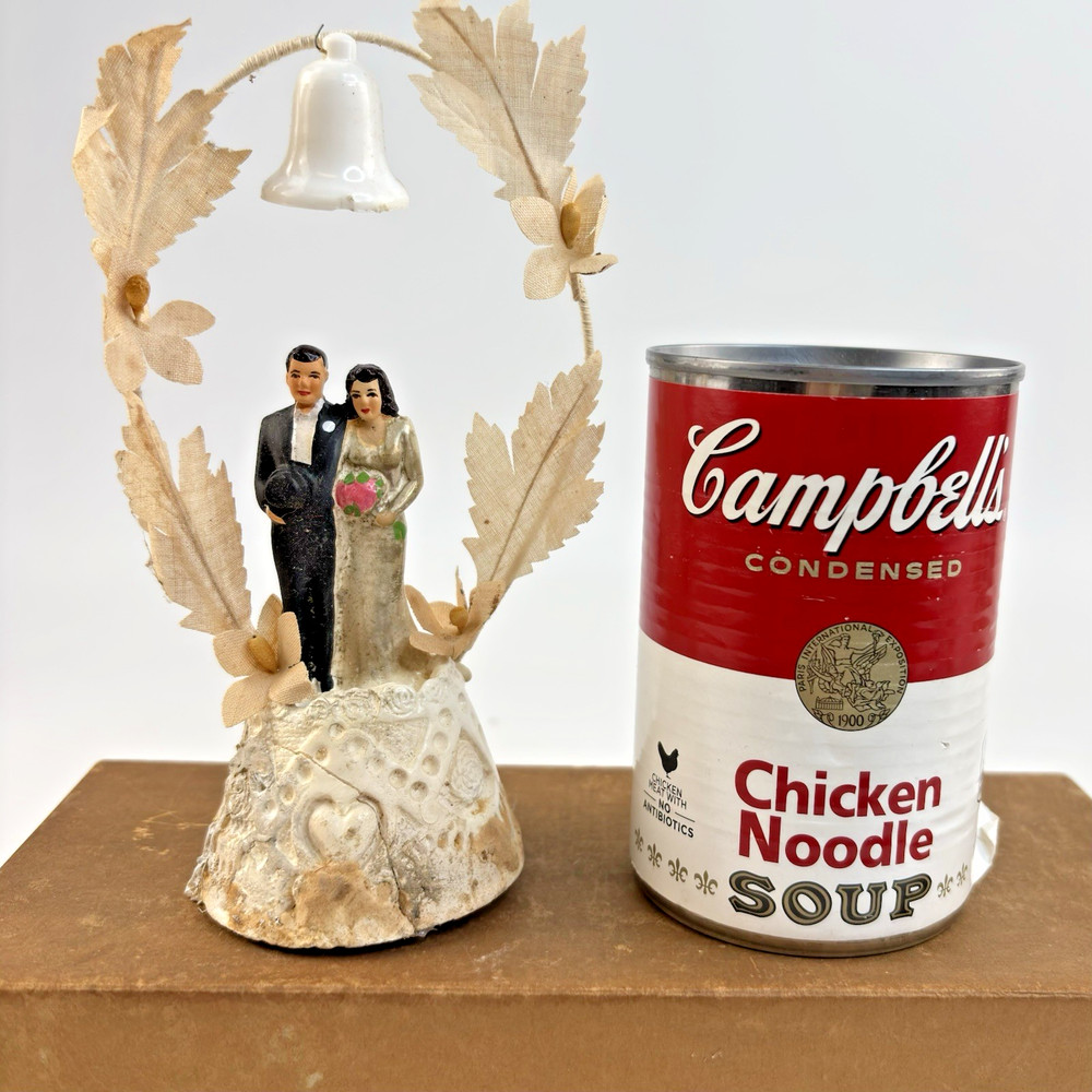 1950’s Wedding Cake Topper Bride & Groom Chalkware Millinery Flowers 6″ w/Box