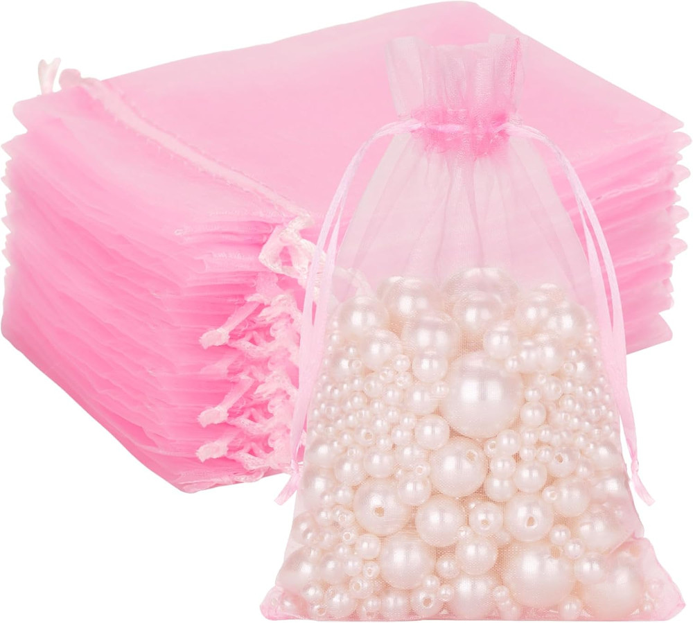 25PCS Pink Drawstring Organza Bags 5×7 inches, Sheer Mesh Jewelry Pouches, Organ