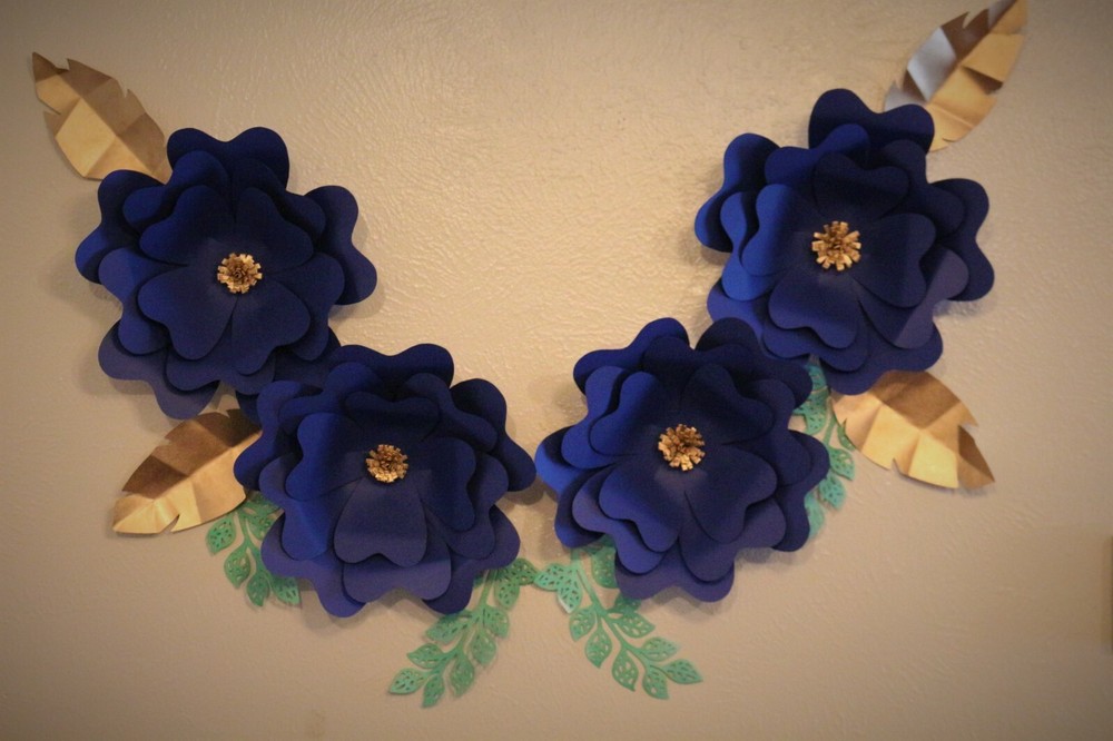 Paper flowers navy blue gold home decor handmade cardstock party event 4PCS