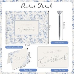 Blue Floral Wedding Guest Book Hardcover with Pen – 9×7 Inch 144 Pages Sign I…