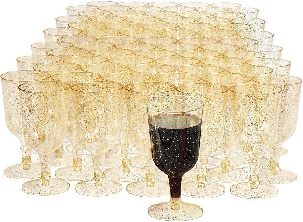 MATANA 50 Gold Glitter Plastic Wine Glasses for Weddings, Birthdays, Bridal S…