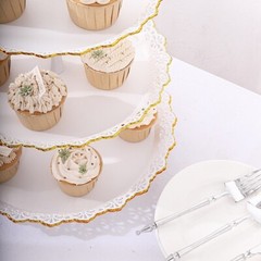 15″ Metallic White Gold 3 Tier Plastic Cupcake Stand Round Tower Lace Cut Trim